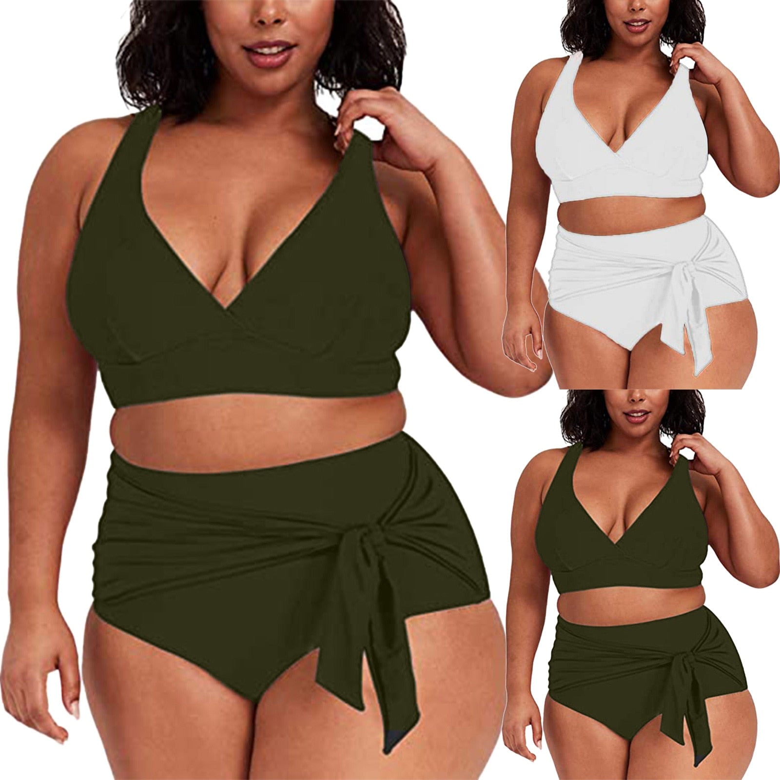 Womens Swimwear High Waist Bikini Solid Color Plus Size Big Breast Swimsuit Strappy Bather Swimming Wear Bathing Suit | TageUnlimited