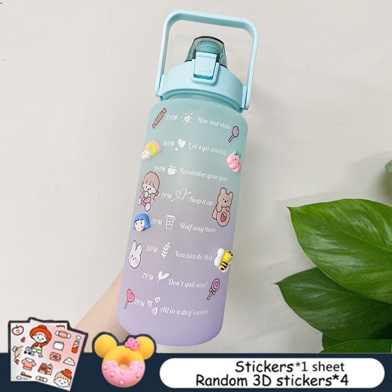 2L Large Capacity Water Bottle With Bounce Cover Time Scale Reminder Frosted Cup With Cute Stickers For Outdoor Sports Fitness | TageUnlimited