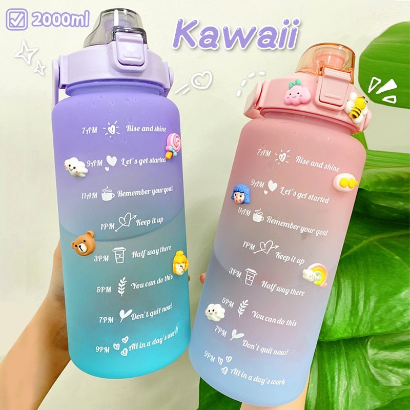 2L Large Capacity Water Bottle With Bounce Cover Time Scale Reminder Frosted Cup With Cute Stickers For Outdoor Sports Fitness | TageUnlimited