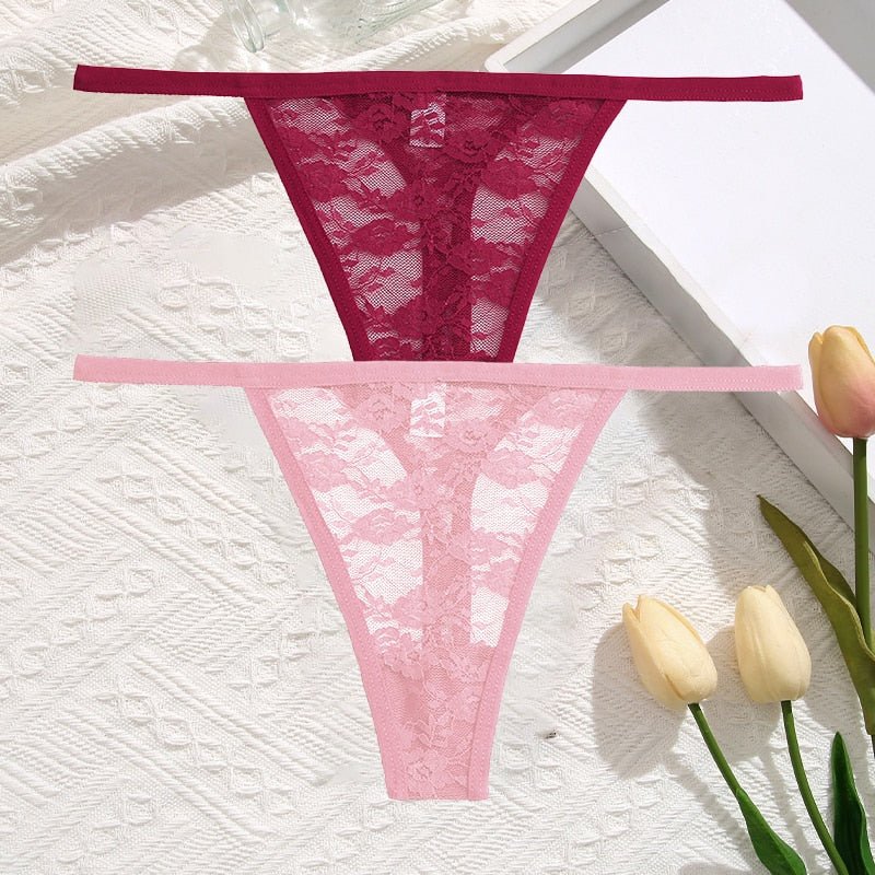 2Pcs/Set Sexy Women Lace Panties Low Waist G-String Underwear Solid Hollow Out Transparent Thong Female Soft Breathable Lingerie | TageUnlimited