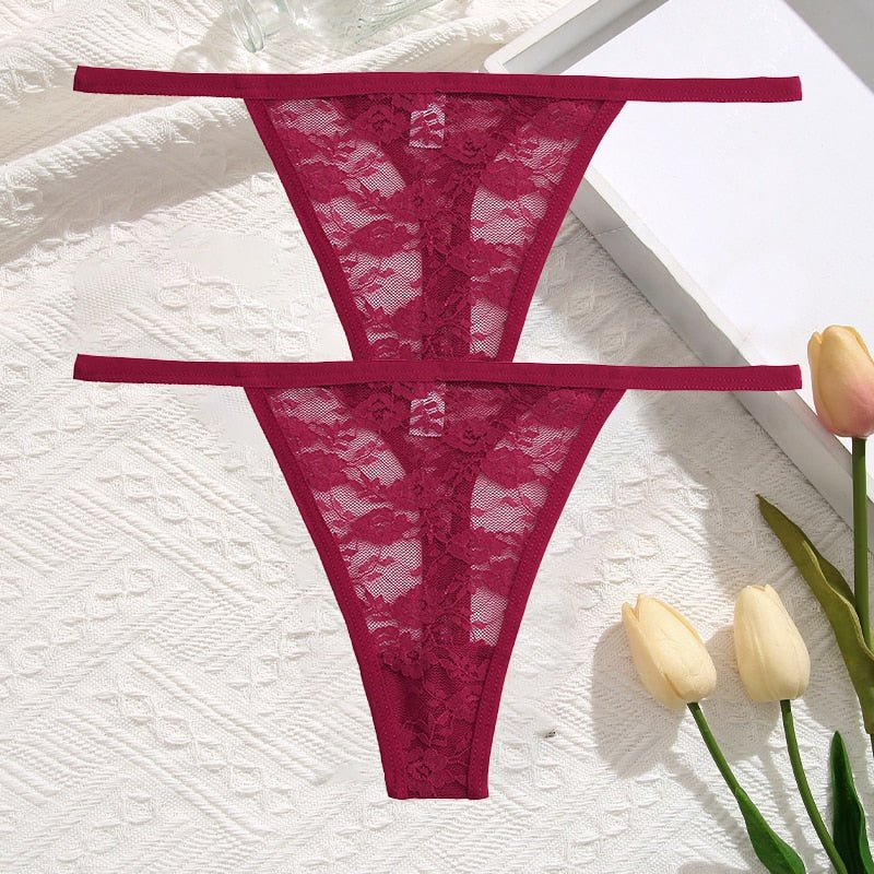 2Pcs/Set Sexy Women Lace Panties Low Waist G-String Underwear Solid Hollow Out Transparent Thong Female Soft Breathable Lingerie | TageUnlimited