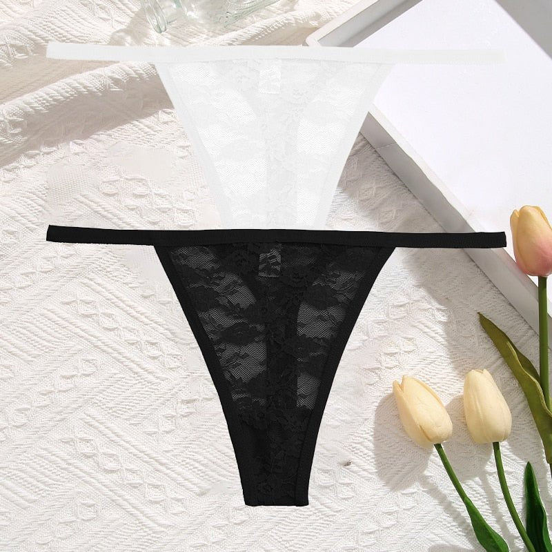 2Pcs/Set Sexy Women Lace Panties Low Waist G-String Underwear Solid Hollow Out Transparent Thong Female Soft Breathable Lingerie | TageUnlimited