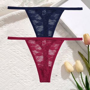 2Pcs/Set Sexy Women Lace Panties Low Waist G-String Underwear Solid Hollow Out Transparent Thong Female Soft Breathable Lingerie | TageUnlimited