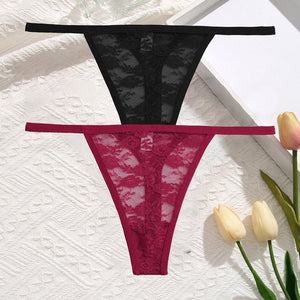 2Pcs/Set Sexy Women Lace Panties Low Waist G-String Underwear Solid Hollow Out Transparent Thong Female Soft Breathable Lingerie | TageUnlimited