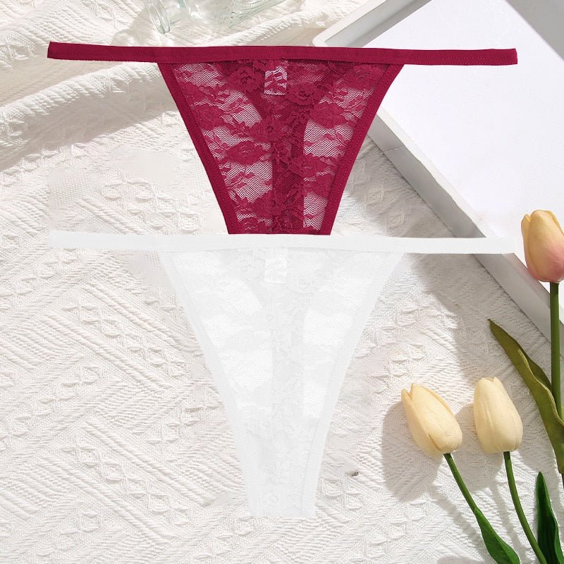 2Pcs/Set Sexy Women Lace Panties Low Waist G-String Underwear Solid Hollow Out Transparent Thong Female Soft Breathable Lingerie | TageUnlimited
