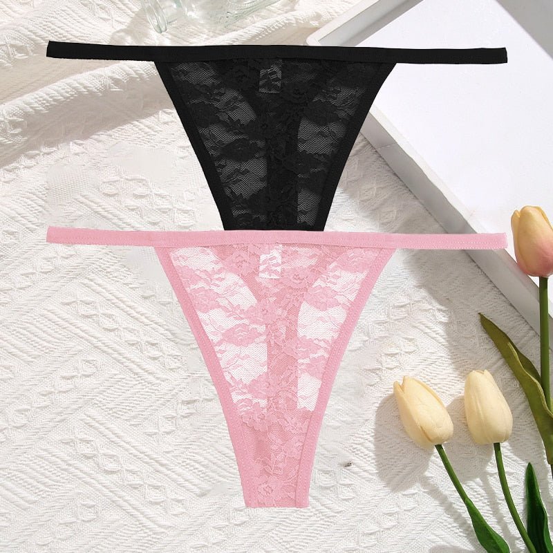 2Pcs/Set Sexy Women Lace Panties Low Waist G-String Underwear Solid Hollow Out Transparent Thong Female Soft Breathable Lingerie | TageUnlimited