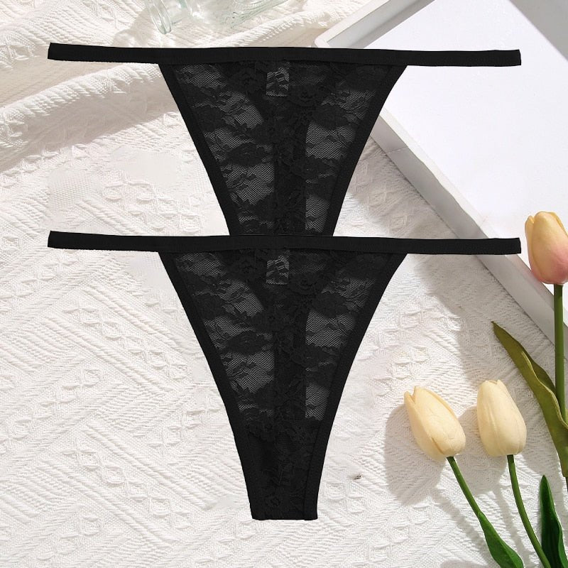 2Pcs/Set Sexy Women Lace Panties Low Waist G-String Underwear Solid Hollow Out Transparent Thong Female Soft Breathable Lingerie | TageUnlimited