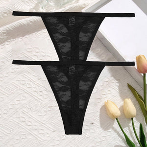 2Pcs/Set Sexy Women Lace Panties Low Waist G-String Underwear Solid Hollow Out Transparent Thong Female Soft Breathable Lingerie | TageUnlimited