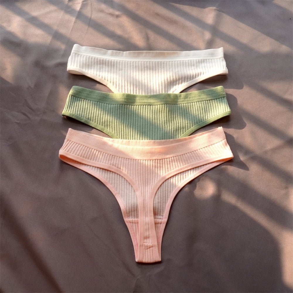 3 Pcs Seamless Ladies Ribbed Cotton Thong Simple Women&#39;s Low Waist Bikini Briefs Sports Girls Underwear Plus Size | TageUnlimited