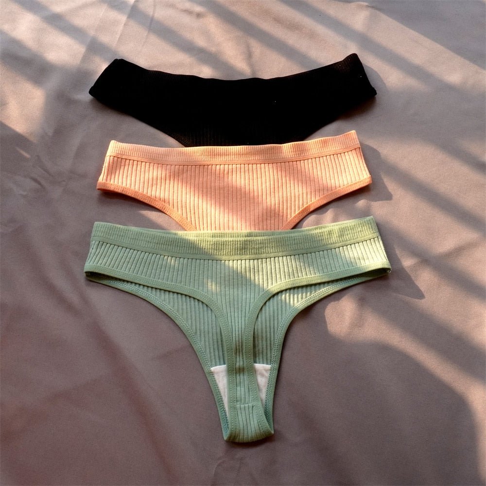 3 Pcs Seamless Ladies Ribbed Cotton Thong Simple Women&#39;s Low Waist Bikini Briefs Sports Girls Underwear Plus Size | TageUnlimited
