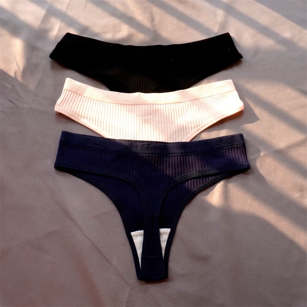 3 Pcs Seamless Ladies Ribbed Cotton Thong Simple Women&#39;s Low Waist Bikini Briefs Sports Girls Underwear Plus Size | TageUnlimited