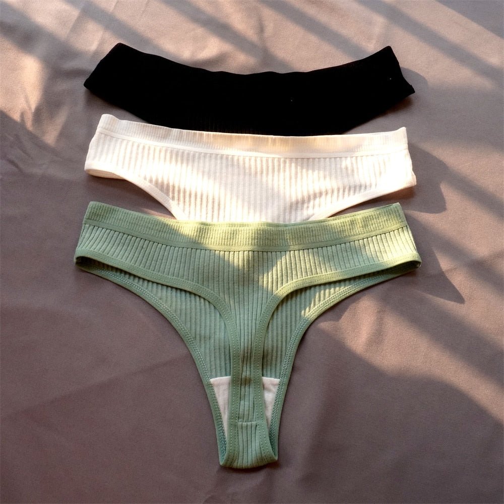 3 Pcs Seamless Ladies Ribbed Cotton Thong Simple Women&#39;s Low Waist Bikini Briefs Sports Girls Underwear Plus Size | TageUnlimited