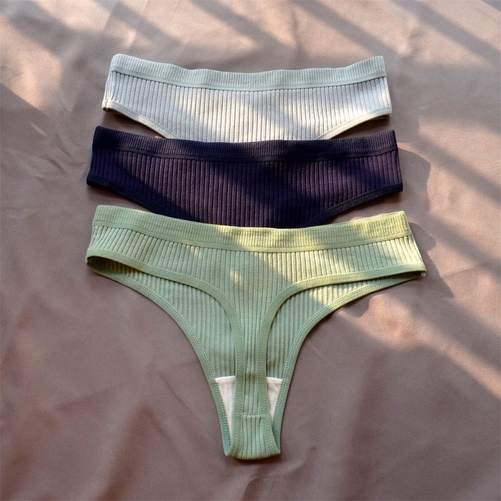 3 Pcs Seamless Ladies Ribbed Cotton Thong Simple Women&#39;s Low Waist Bikini Briefs Sports Girls Underwear Plus Size | TageUnlimited