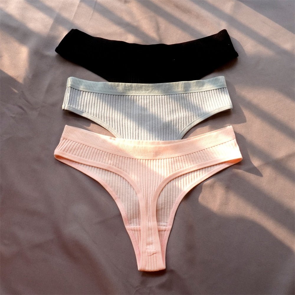 3 Pcs Seamless Ladies Ribbed Cotton Thong Simple Women&#39;s Low Waist Bikini Briefs Sports Girls Underwear Plus Size | TageUnlimited