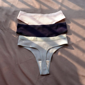 3 Pcs Seamless Ladies Ribbed Cotton Thong Simple Women&#39;s Low Waist Bikini Briefs Sports Girls Underwear Plus Size | TageUnlimited