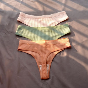 3 Pcs Seamless Ladies Ribbed Cotton Thong Simple Women&#39;s Low Waist Bikini Briefs Sports Girls Underwear Plus Size | TageUnlimited