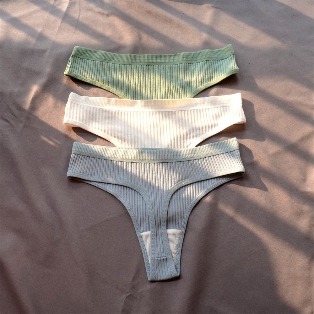 3 Pcs Seamless Ladies Ribbed Cotton Thong Simple Women&#39;s Low Waist Bikini Briefs Sports Girls Underwear Plus Size | TageUnlimited