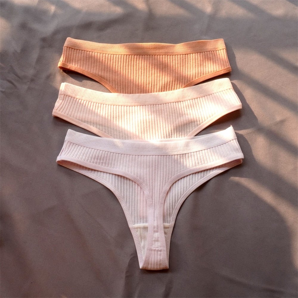 3 Pcs Seamless Ladies Ribbed Cotton Thong Simple Women&#39;s Low Waist Bikini Briefs Sports Girls Underwear Plus Size | TageUnlimited