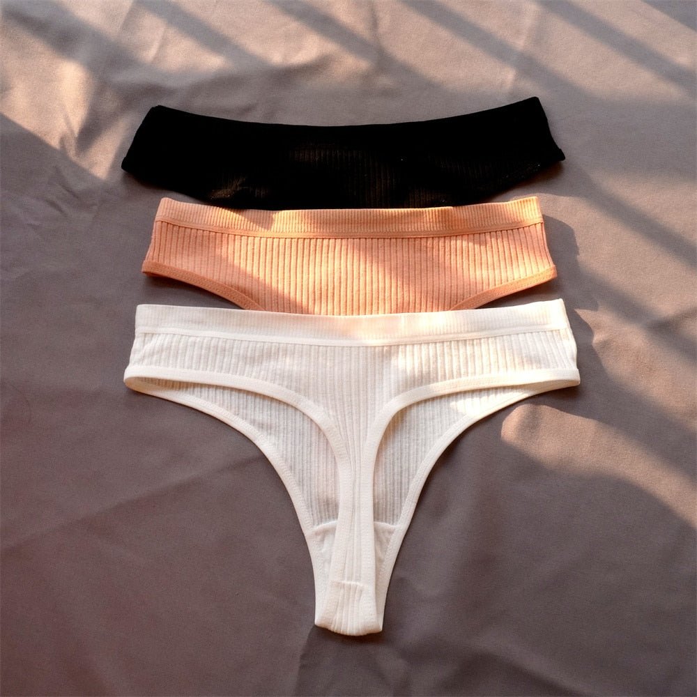 3 Pcs Seamless Ladies Ribbed Cotton Thong Simple Women&#39;s Low Waist Bikini Briefs Sports Girls Underwear Plus Size | TageUnlimited