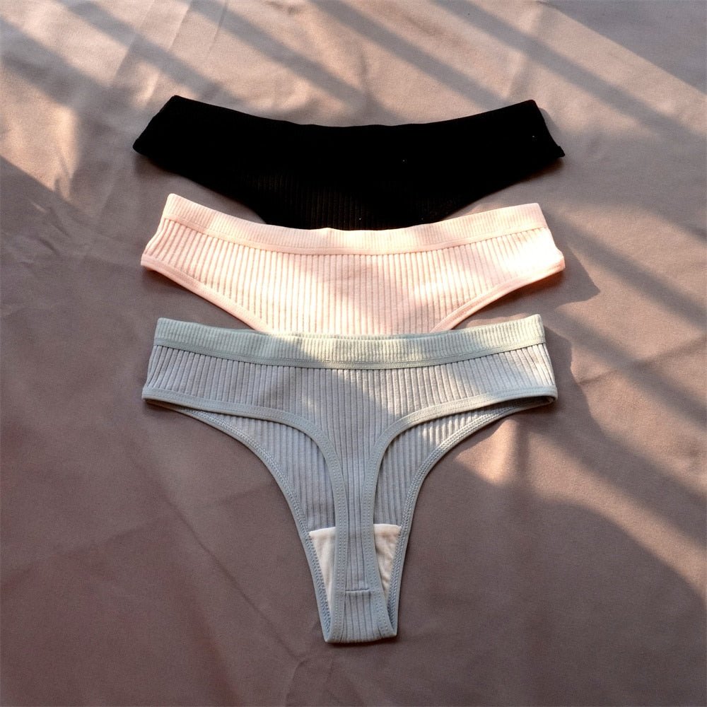 3 Pcs Seamless Ladies Ribbed Cotton Thong Simple Women&#39;s Low Waist Bikini Briefs Sports Girls Underwear Plus Size | TageUnlimited