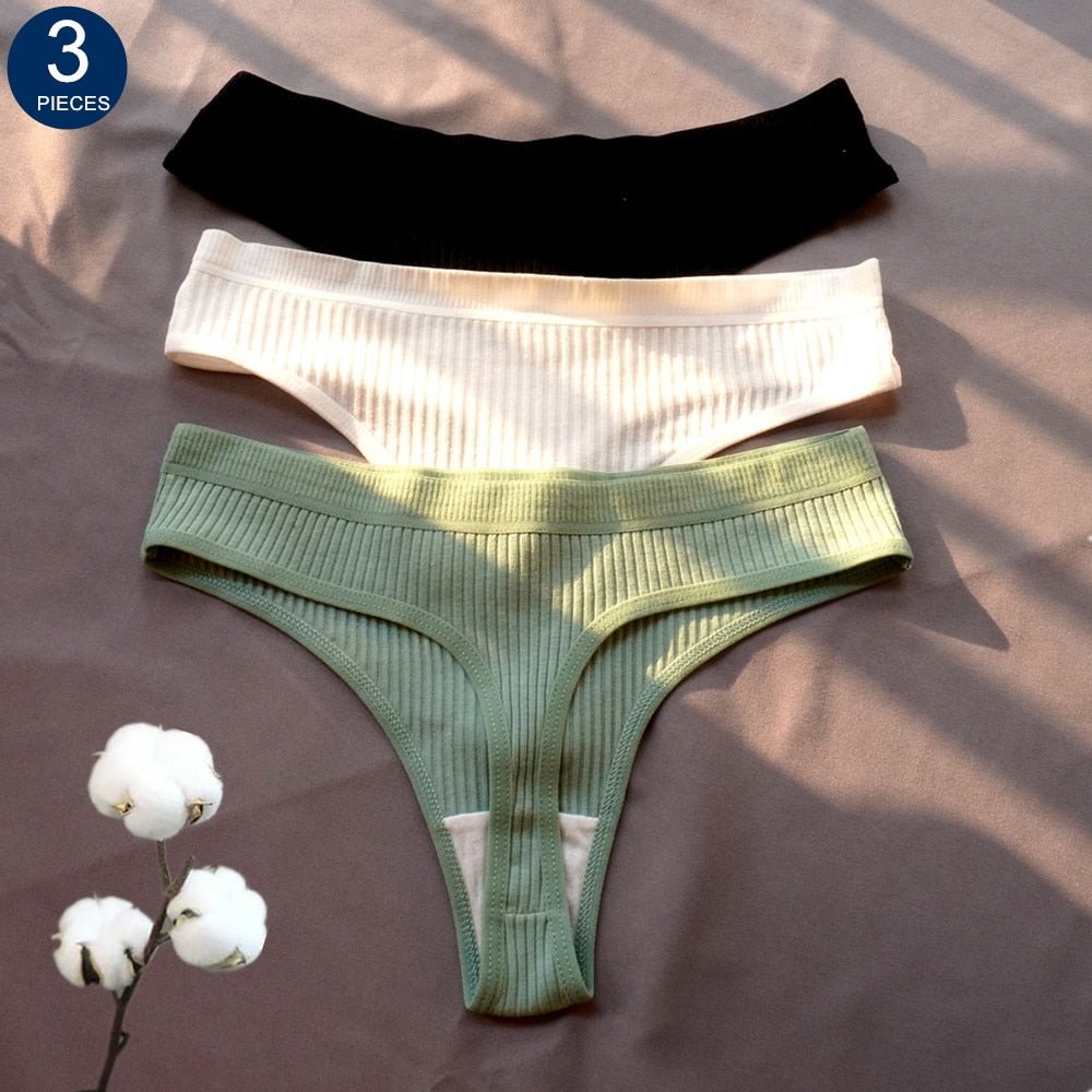 3 Pcs Seamless Ladies Ribbed Cotton Thong Simple Women&#39;s Low Waist Bikini Briefs Sports Girls Underwear Plus Size | TageUnlimited