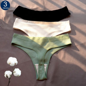 3 Pcs Seamless Ladies Ribbed Cotton Thong Simple Women&#39;s Low Waist Bikini Briefs Sports Girls Underwear Plus Size | TageUnlimited