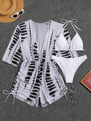 3 Pieces Bikini Tropical Print Swimsuit Halter Drawstring Side Swimwear Women  Bathing Suit Female Swimming Summer Beachwear | TageUnlimited