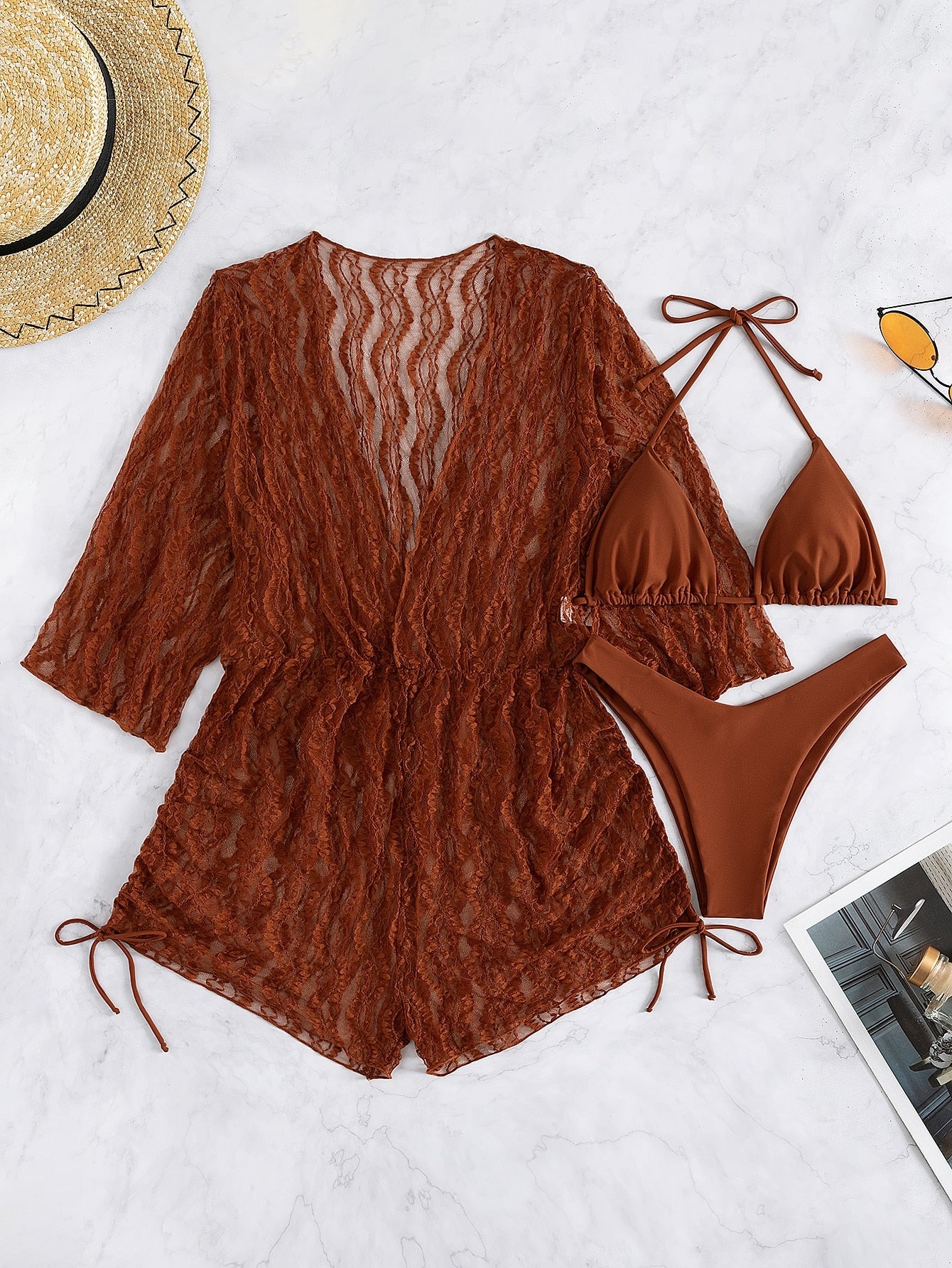 3 Pieces Bikini Tropical Print Swimsuit Halter Drawstring Side Swimwear Women  Bathing Suit Female Swimming Summer Beachwear | TageUnlimited