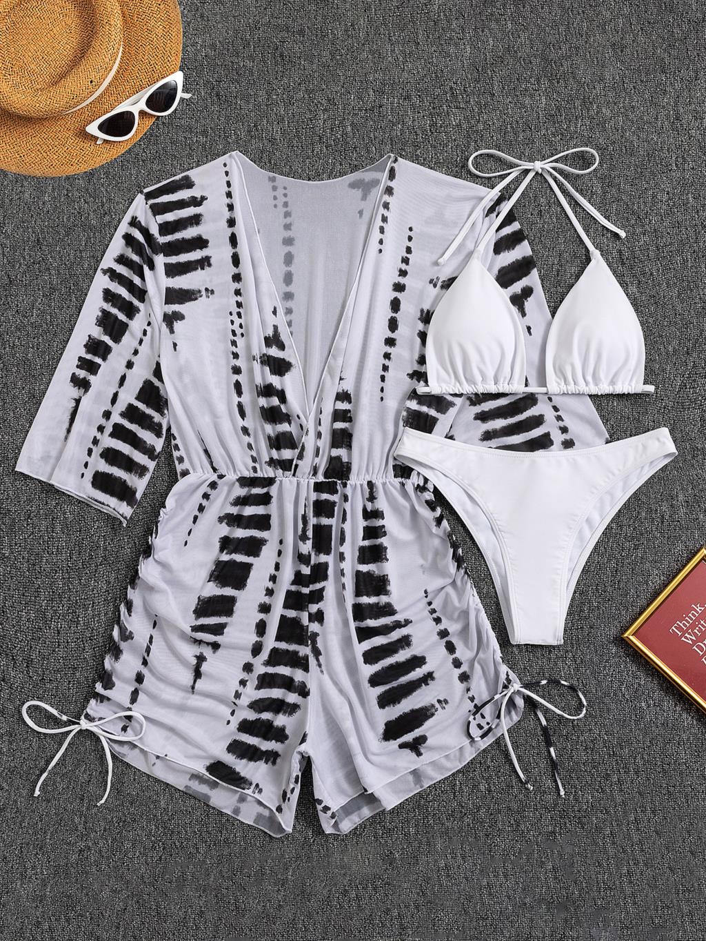 3 Pieces Bikini Tropical Print Swimsuit Halter Drawstring Side Swimwear Women  Bathing Suit Female Swimming Summer Beachwear | TageUnlimited