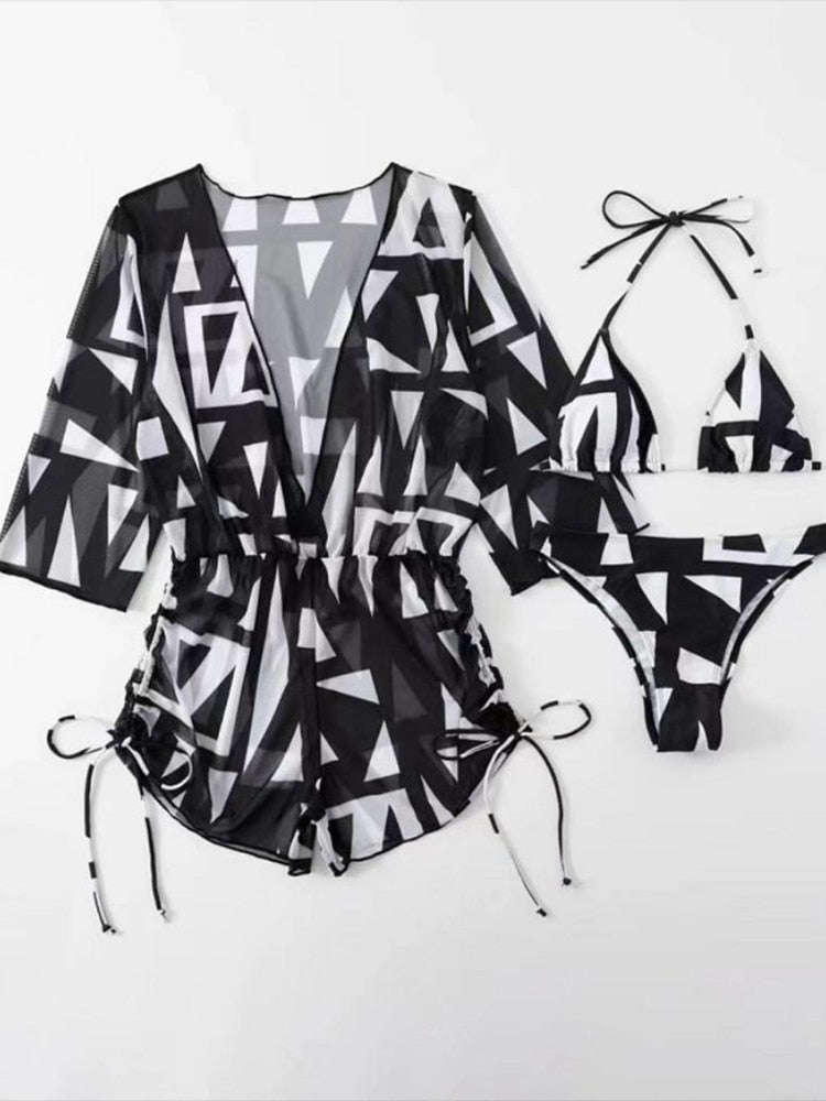 3 Pieces Bikini Tropical Print Swimsuit Halter Drawstring Side Swimwear Women  Bathing Suit Female Swimming Summer Beachwear | TageUnlimited