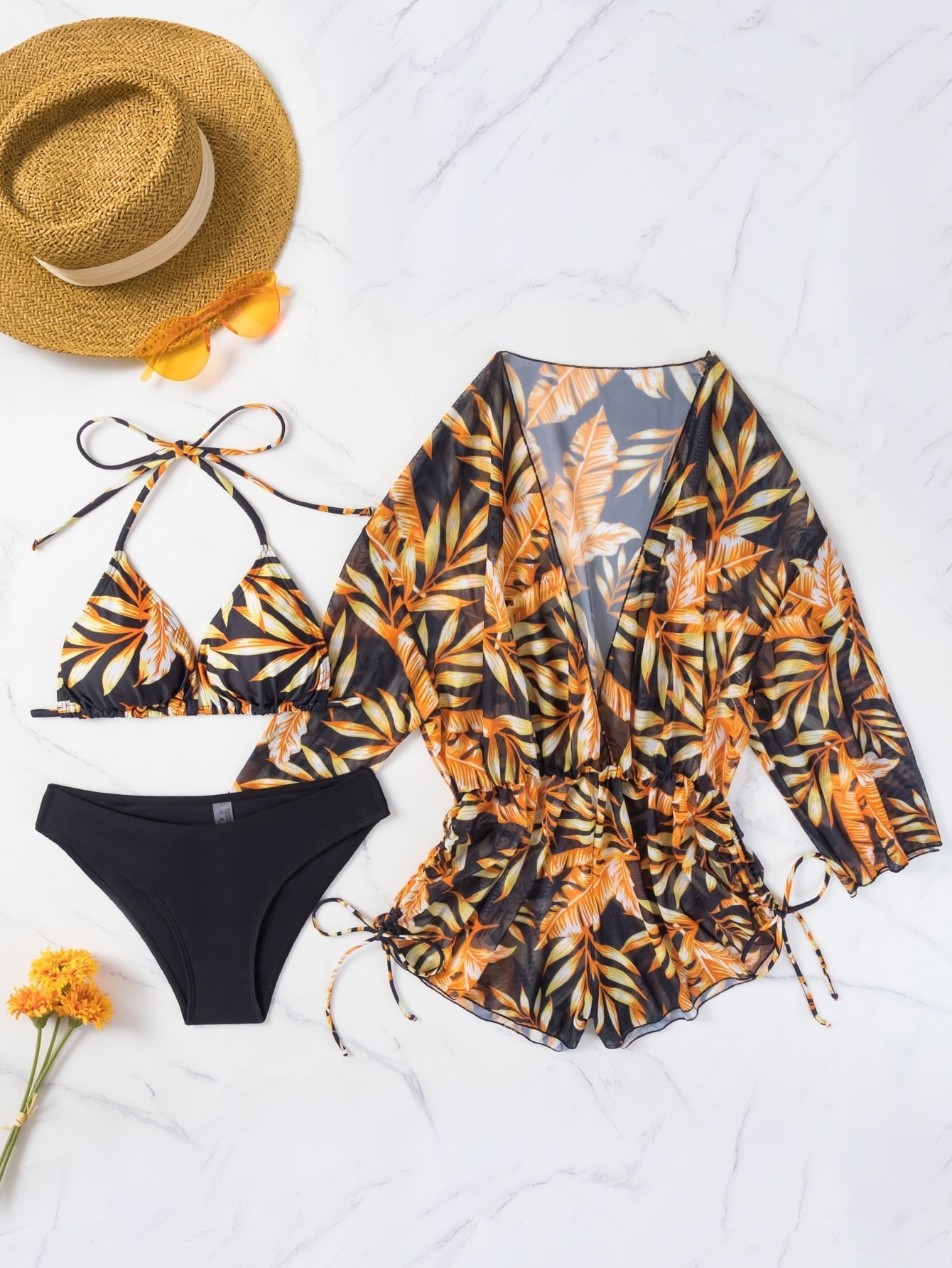 3 Pieces Bikini Tropical Print Swimsuit Halter Drawstring Side Swimwear Women  Bathing Suit Female Swimming Summer Beachwear | TageUnlimited