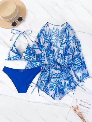 3 Pieces Bikini Tropical Print Swimsuit Halter Drawstring Side Swimwear Women  Bathing Suit Female Swimming Summer Beachwear | TageUnlimited