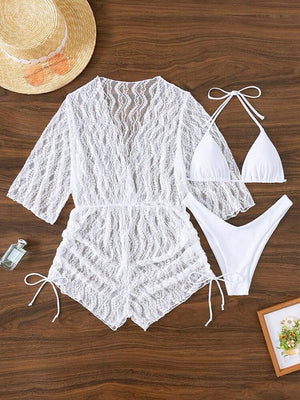 3 Pieces Bikini Tropical Print Swimsuit Halter Drawstring Side Swimwear Women  Bathing Suit Female Swimming Summer Beachwear | TageUnlimited