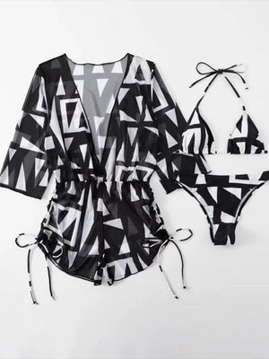 3 Pieces Bikini Tropical Print Swimsuit Halter Drawstring Side Swimwear Women  Bathing Suit Female Swimming Summer Beachwear | TageUnlimited