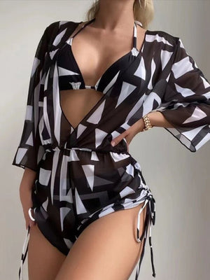 3 Pieces Bikini Tropical Print Swimsuit Halter Drawstring Side Swimwear Women  Bathing Suit Female Swimming Summer Beachwear | TageUnlimited