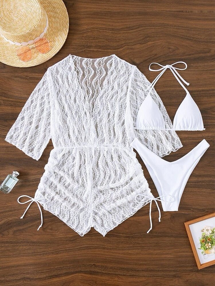 3 Pieces Bikini Tropical Print Swimsuit Halter Drawstring Side Swimwear Women  Bathing Suit Female Swimming Summer Beachwear | TageUnlimited
