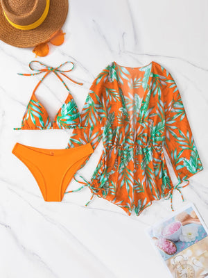 3 Pieces Bikini Tropical Print Swimsuit Halter Drawstring Side Swimwear Women  Bathing Suit Female Swimming Summer Beachwear | TageUnlimited