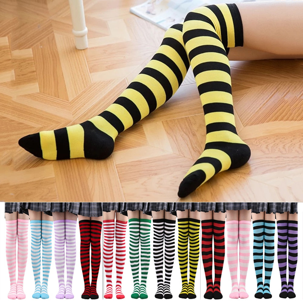 Women Thigh High Over The Knee Socks For Girls Black White Striped Stockings Long Slouch Socken Kawaii Knit Leg Warmers Soks | TageUnlimited