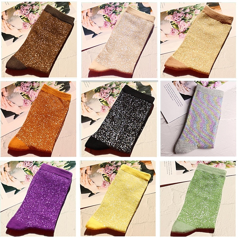 1 pair of gold and silver glitter fashion women's socks summer thin trendy breathable cool socks Korean style personality socks | TageUnlimited