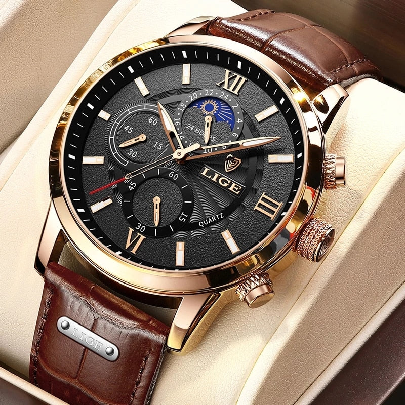 New Mens Watches LIGE Top Brand Luxury Leather Casual Quartz Watch Mens Sport Waterproof Clock Watch Relogio Masculino+Box | TageUnlimited