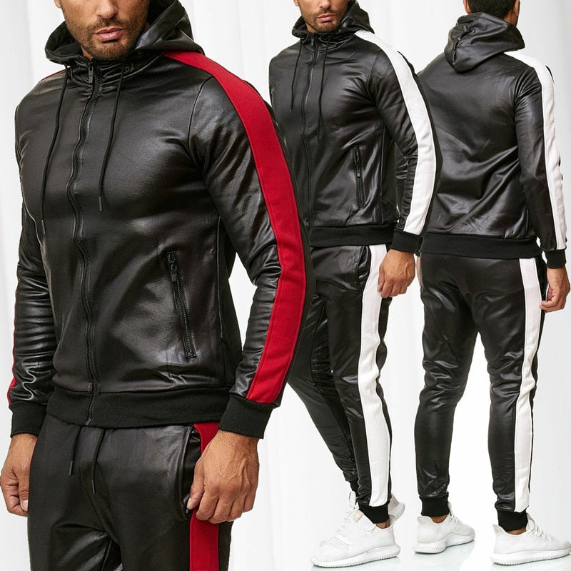 ZOGAA Men Leather Hoodies Set 2 Piece Casual Sweatsuit Hooded Jacket and Pants Jogging Suit Tracksuits | TageUnlimited