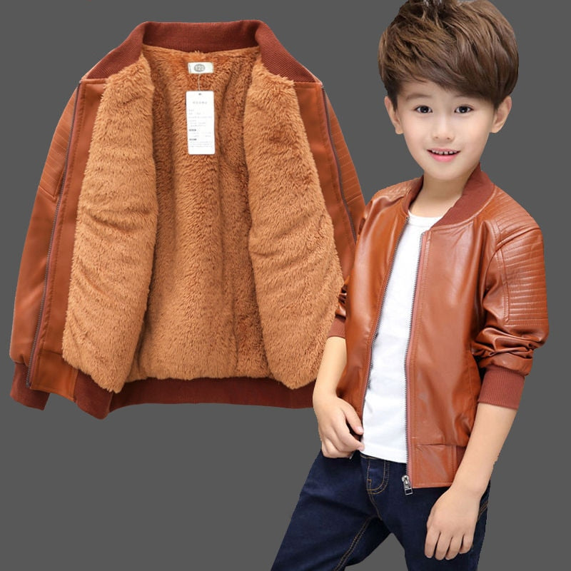 Boys Coats Autumn Winter Fashion Korean Children Plus Velvet Warming Cotton PU Leather Jacket For 1-11Y Kids Hot | TageUnlimited