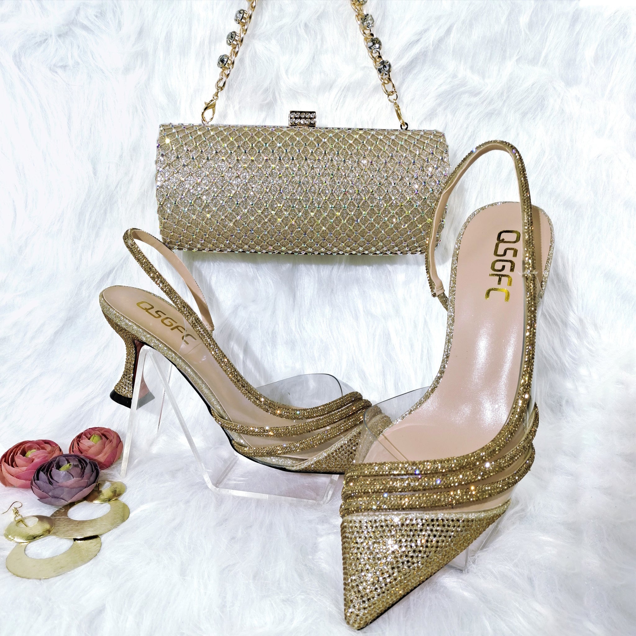 Gold Comfortable Streamline Pointed Shoes Noble Ladies Stiletto Shoes Matching Bag Wedding Or A Pair Of Shoes | TageUnlimited