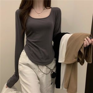 Women Long Sleeve Square Neck T-Shirt Spring And Autumn New Irregular Hem Slim Casual Top Girl Bottom Shirts | TageUnlimited
