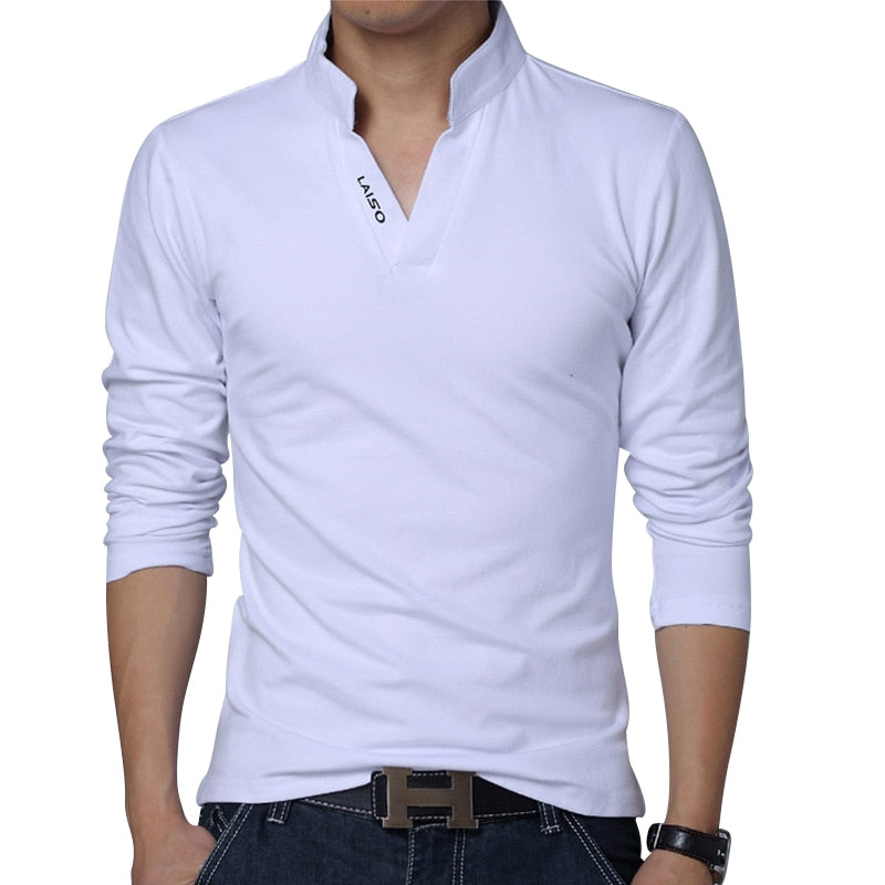 Big Size S-5XL Mens Fashion Boutique Cotton Leisure Stand Collar Long Sleeve POLO Shirts Male Pure Color V-neck POLO Shirts | TageUnlimited