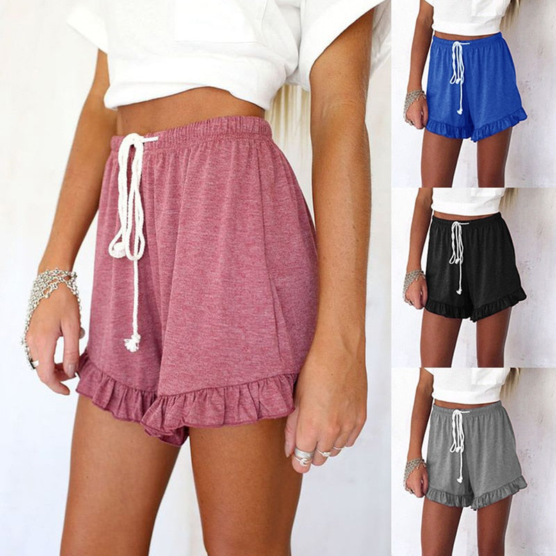 Fashion Ruffle Hem Belted Women Shorts Casual Loose Solid Shorts Cotton Linen Short Pants Women High Waist Summer | TageUnlimited