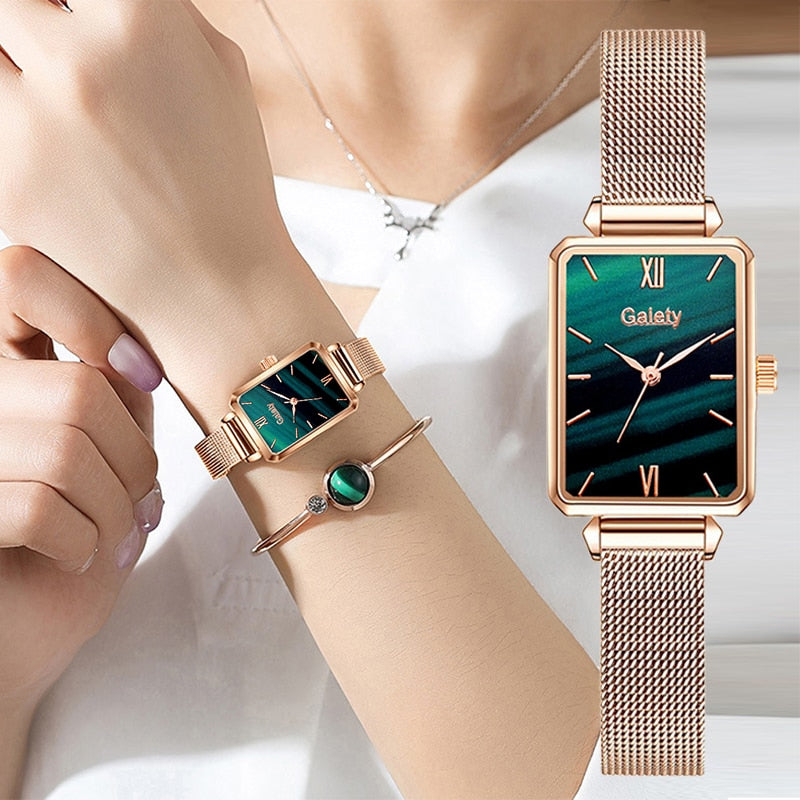 Gaiety Brand Women Watches Fashion Square Ladies Quartz Watch Bracelet Set Green Dial Simple Rose Gold Mesh Luxury Women Watches | TageUnlimited