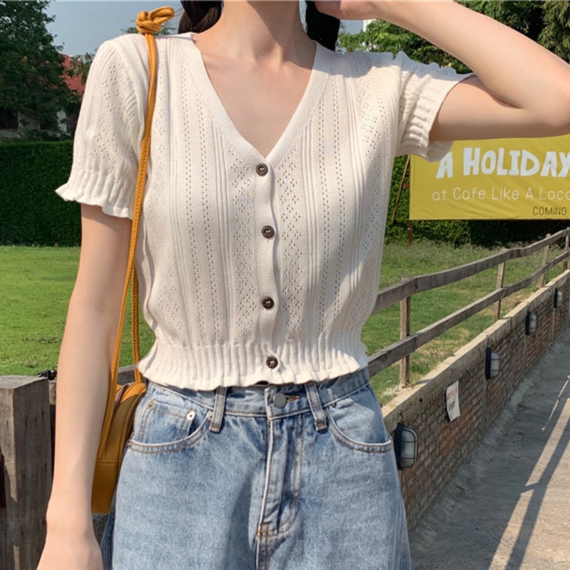 Women Knitted T-shirts V-Neck Button Up Tops Roupas Feminina Short Sleeve Tees Casual T-Shirts For Women  Summer | TageUnlimited