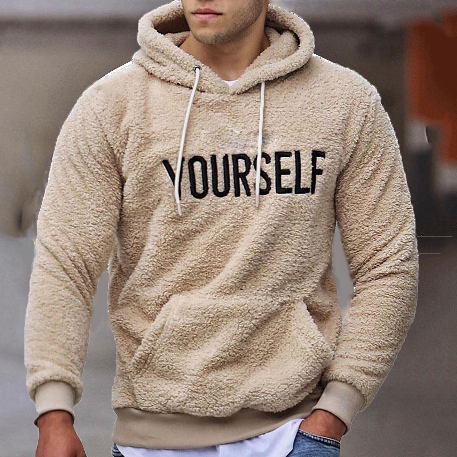New Autumn and Winter Warm Men´s Wool Hooded Sweatshirts Letter Print Hooded Pullover Kangaroo Pocket Hooded Fleece Sweatshirts | TageUnlimited