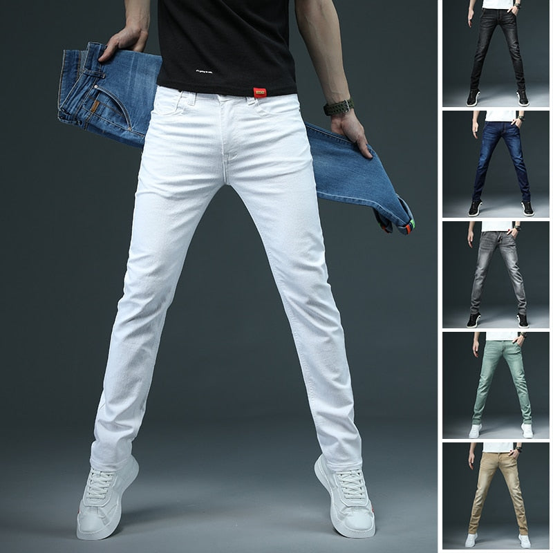 New Men Skinny White Jeans Fashion Casual Elastic Cotton Slim Denim Pants Male Brand Clothing Black Gray Khaki | TageUnlimited